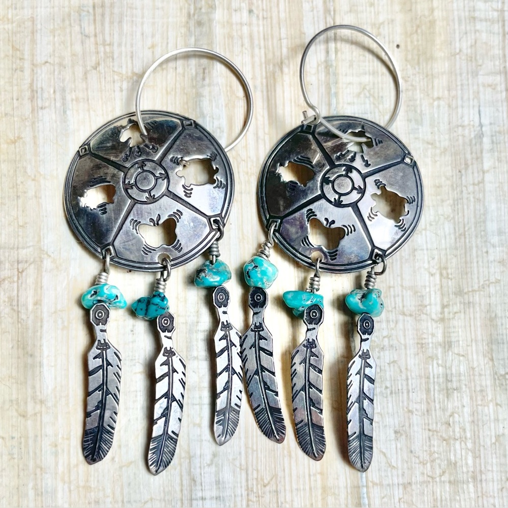 Vintage fetish turquoise father earrings sterling designer wings